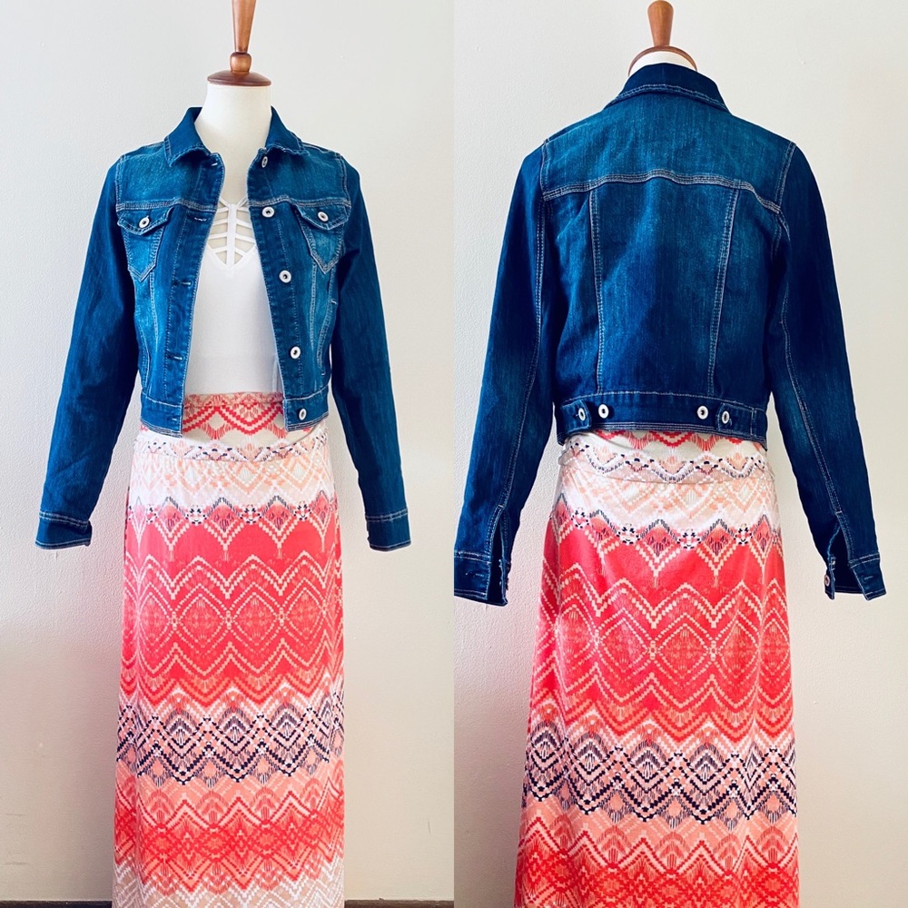 Maurices Pink Tan White And Blue Print Maxi Skirt